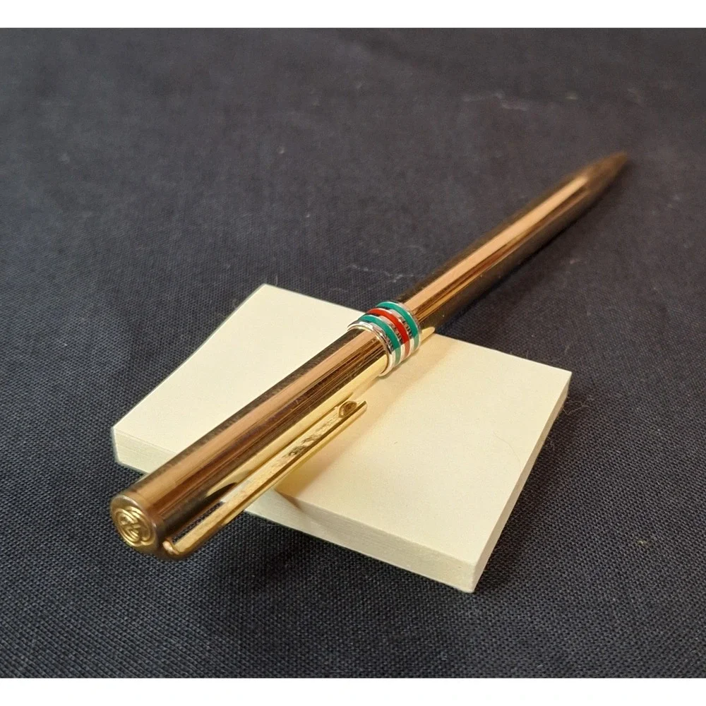 Vintage Gucci Gold Tone Ballpoint Pen Green Red Sherry Line‎ Stripe GG Logo